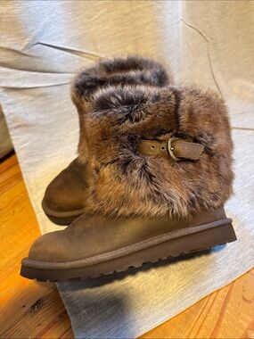 UGG Chestnut Fur-Cuff Ankle Boots with Buckle